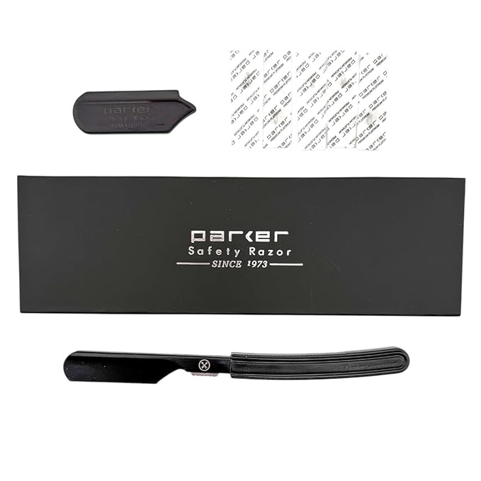 Parker Director Black Non-Folding Straight Barber Razor – Japanese-Style Razor with Stainless Steel Arm, Blade Protector Cap & Ergonomic Non-Slip Handle – Ideal for Professionals - 5 Blades Included