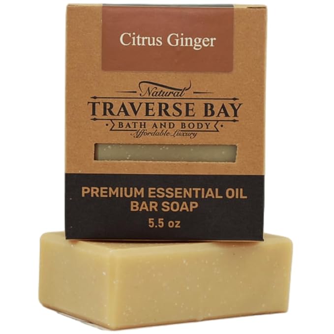 Traverse Bay Bath and Body Natural Cold Process Soap Earthy & Spicy 4-Bar Variety Pack, Citrus Ginger, Frankincense & Myrrh, Patchouli Tangerine, Patchouli Hemp, 5.5 oz Each, 22+ oz Total