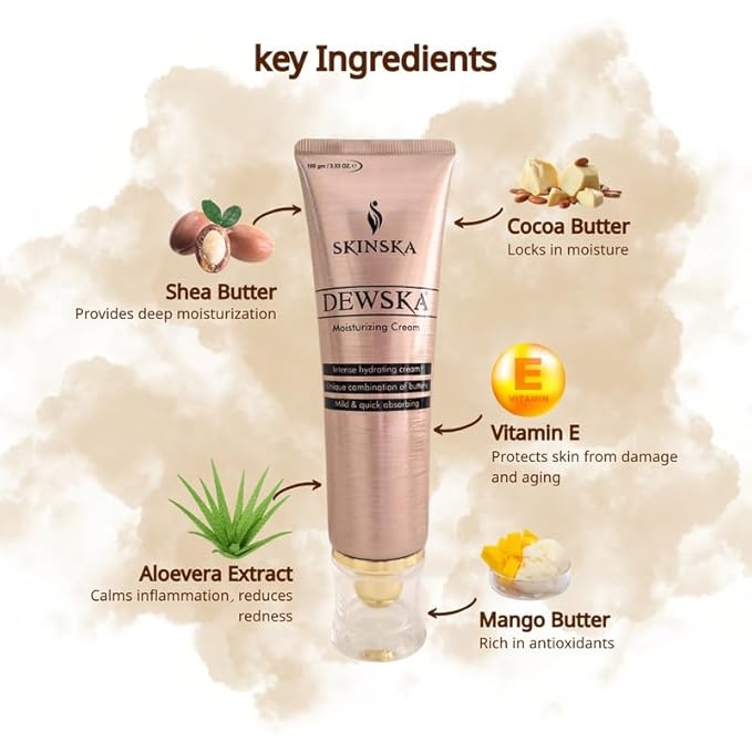 Dewska Moisturising Cream with Cocoa Butter, Shea Butter, Aloe Vera & Vitamin E, Daily Nourishing Face Cream for Soft & Smooth Skin Non-Greasy Moisturiser for Men & Women- 3.38 fl oz