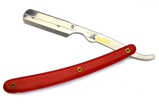 Stainless Steel Professional Barber Folding Straight Edge Razor Shavette Men's Shaving Kit with 200 Count Lord Single Razor Blades (Red)