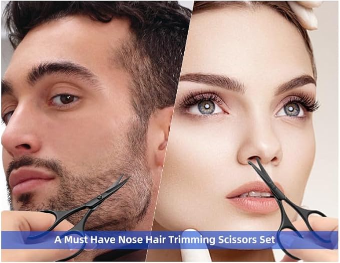Facial Hair Small Grooming Scissors Set For Men Women Eyebrow Nose Hair Mustache Beard Eyelashes Trimming Kit Curved and Rounded Safety Tip 2PCS