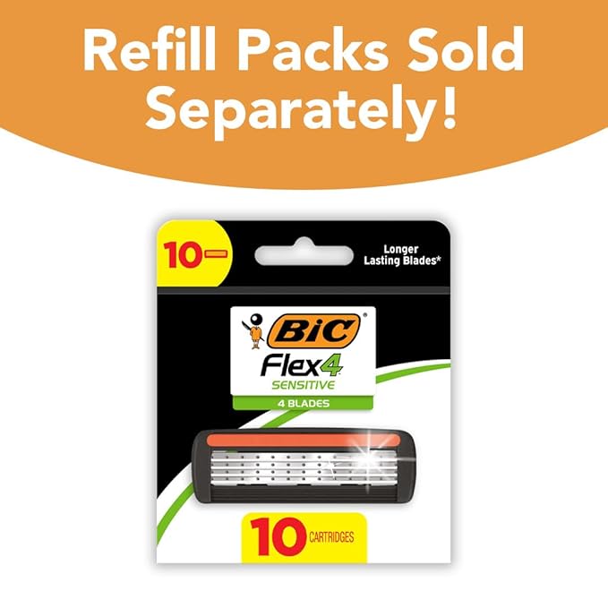 BIC Flex 4 Refillable Razors for Men, Long-Lasting 4 Blade Razors for Sensitive Skin, 1 Handle and 4 Cartridges, 5 Piece Shaving Kit