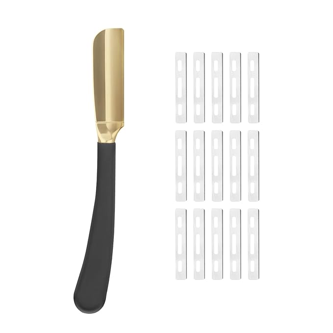 Straight Edge Shaving Razor for Men, Professional Silicone Handle Stainless Steel Barber Razor - Salon Cut Throat Shavette with 15 Guarded Blades (Gold)