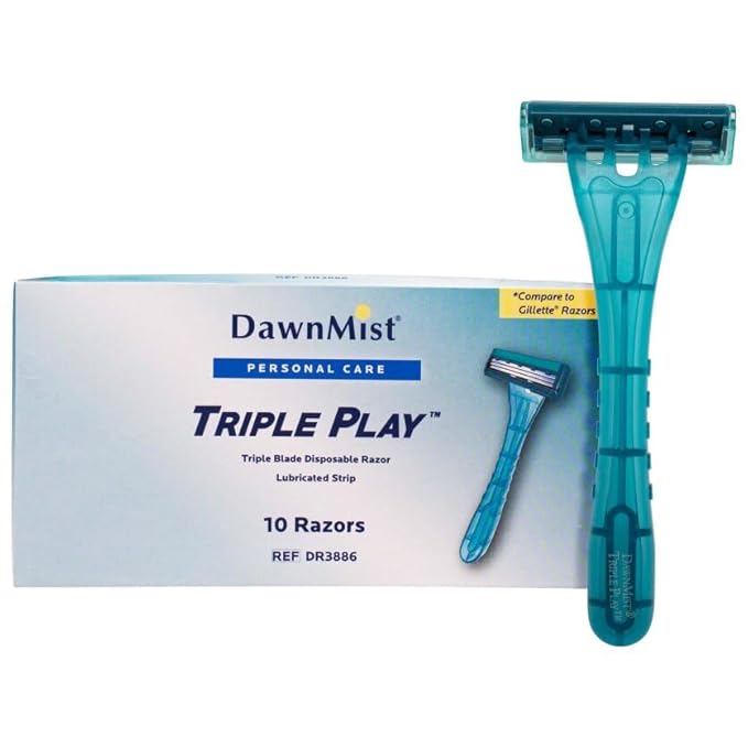 DawnMist Triple Play Razors – Triple Blade with Lubricating Strip, Single Edge, Teal, 2 Pack (20 Count)