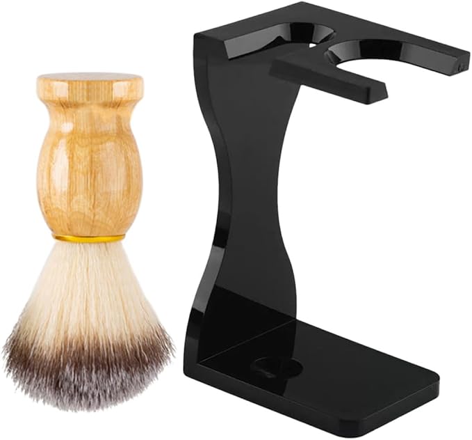 Shaving Brush and Razor Stand Set, 2pcs Acrylic Beard Brush Holder with Black Base, Men's Grooming Shaving Accessory for Bathroom and Travel Use