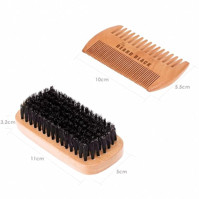 Beard Brush & Comb Set for Men - Natural Boar Bristle Brush, Dual Action Pear Wood Comb, Gift Box & Travel Pouch. Enhances Growth & Styling with Balm Oil Distribution by The Beard Black (Black)