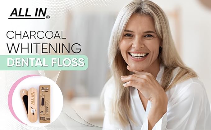 ALL IN Waxed Charcoal Floss with a Refillable Dental Floss Magnetic Holder - Plant Based, Natural, and No PFAS - Mint Floss for Effective Plaque Removal, Clean Teeth, Fresh Breath - 32 yd