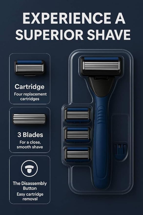Men’s Razor System – Pivoting Triple-Blade Handle with Aloe Lubricating Strip, Nano-Coated Blades, Anti-Slip Grip + 4 Replacement Cartridges