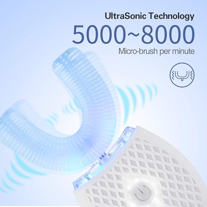Ultrasonic Automatic Toothbrush, Ultrasonic U-Shaped Toothbrushes for Adult, 360° Mouth Cleaning, Electric ToothBrush with Automatic Timer, Wireless Charging Teethbrush Kit for Travel Or Home (White)