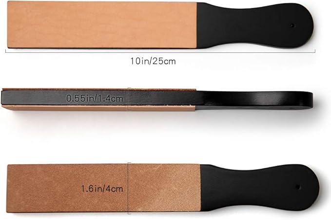 Natural Leather Sharpening Strop w/Green Polishing Compound, Knife Razor Polishing Board Wooden Black Handle Double-Sided Vegetable Tanned Leather, Multifunctional Wood Handle Strop Tool