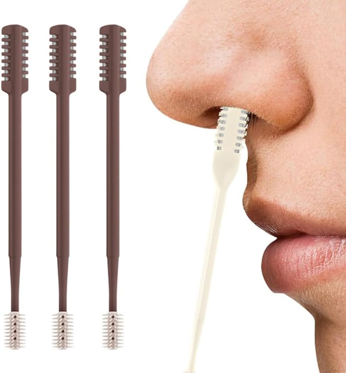 2-in-1 Nasal Hair Cutter, Nose Hair Trimmer for Men Women, 360° Rotating Portable Manual Nose Hair Remover Tool with Ear Picker, Double Sided Noses Hairs Knife Travel Essentials (Coffee, 3PC)
