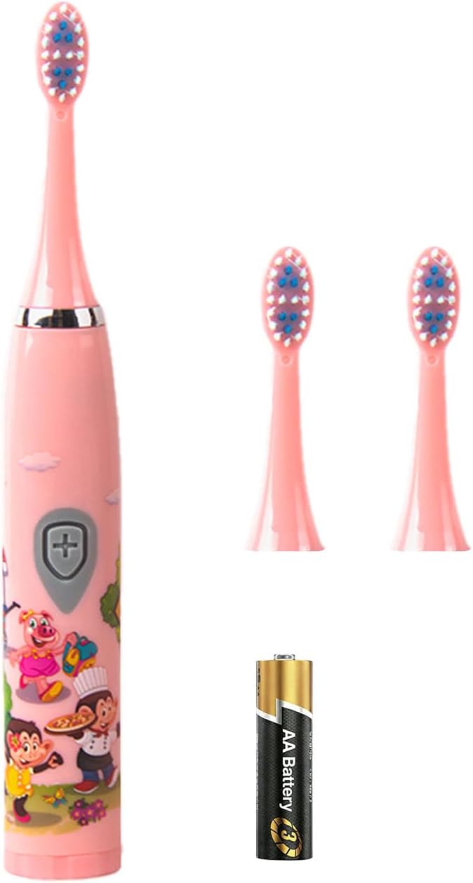 Kids Battery Powered Sonic Toothbrush with 3 Brush Heads, 1 AA Battery - Soft Bristles, IPX Waterproof, 2 Mins Timer, Blue/Pink