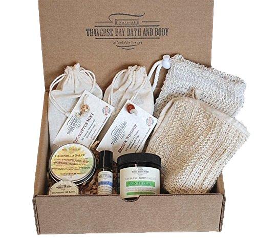 Gift box, 2 Bars cold process soap, Sisal wash cloth, soap saver bag, Calendula salve, lip balm, body lotion, Immunity Synergy Blend roll on oil Great gift idea.