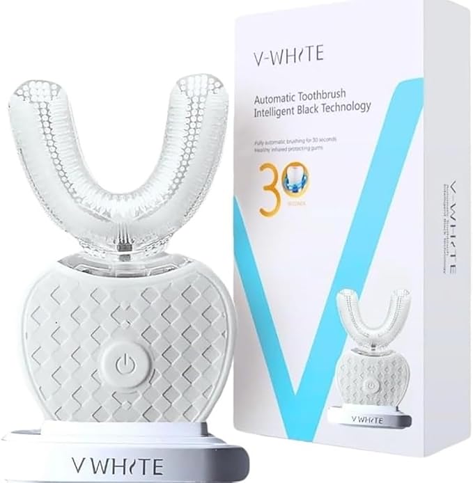 V-WHITE Ultrasonic U-Shaped Toothbrush for Teeth Whitening, Electric Toothbrush For Adults - 360° Mouth Cleansing, Hands Free Gums Protection - Wireless Charging & LED Light -Waterproof IPX7 Certified