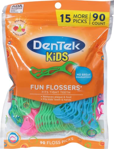 DenTek Fun Flossers – Kids Floss Picks with Wild Fruit Flavor, 90 Count (Pack of 2)