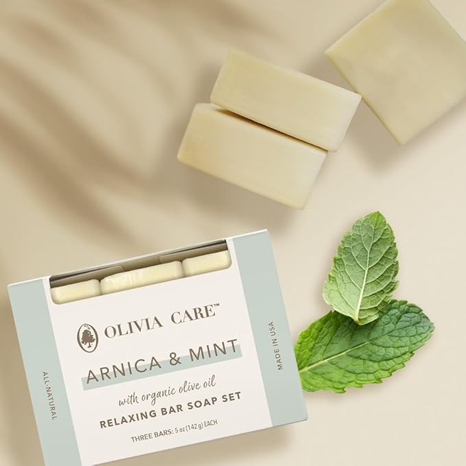 Olivia Care Arnica & Mint All Natural Bar Soap Set, Organic Olive Oil, Triple-Milled, 5 oz Each, 3-Pack, Made in the USA