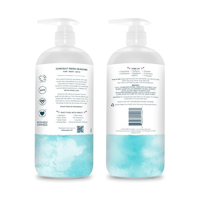 Kirk's 3-in-1 Head to Toe Nourishing Liquid Cleanser- for Men, Women & Children - Premium Coconut Oil & Aloe Vera- Non GMO & Vegan -Fragrance Free - 32 Fl Oz.