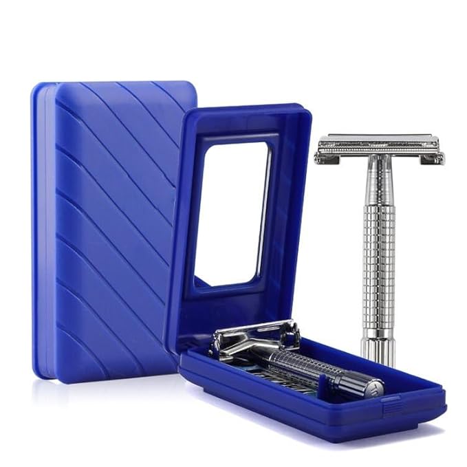 Stainless Steel Double Edge Razor Blades with Mirrored Travel Case, Butterfly Open Razor with Disposable Blade Refill for Clean Shaving Razor for Men, Women