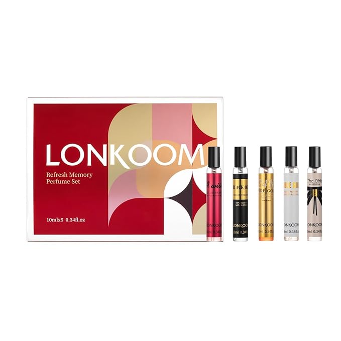 Lonkoom Christmas Perfume Samples Gift Set for Women Men, Unisex Eau de Parfum Spray Long Lasting Fragrance, 5x0.3 Fl Oz Floral Fruity Woody Notes of 24K Pure Gold, Red Wish, Black Oud, Girls, Noble