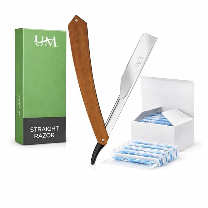 UM Supplies Straight Razors for Men – Professional Barber Straight Edge Razor Kit with 10 Replaceable Insert Single Edge Blades - Navajas Para Barbero (Wooden Straight Handle)