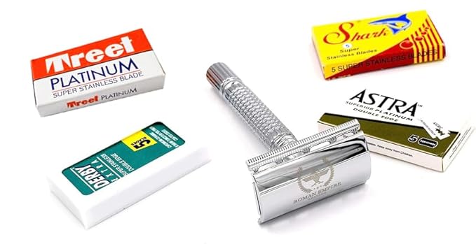 Double Edge Safety Razor ROMAN EMPIRE SHAVING Augustus with 20 Blades Sampler (Astra-Derby-Shark-Treet)
