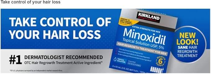 KIRKLAND Signature Minoxidil 5% Hair Regrowth Treatment for Men | 6 Months Supply | Topical Solution | Extra Strength | Clinically Proven | Unscented Drops | Dropper Included