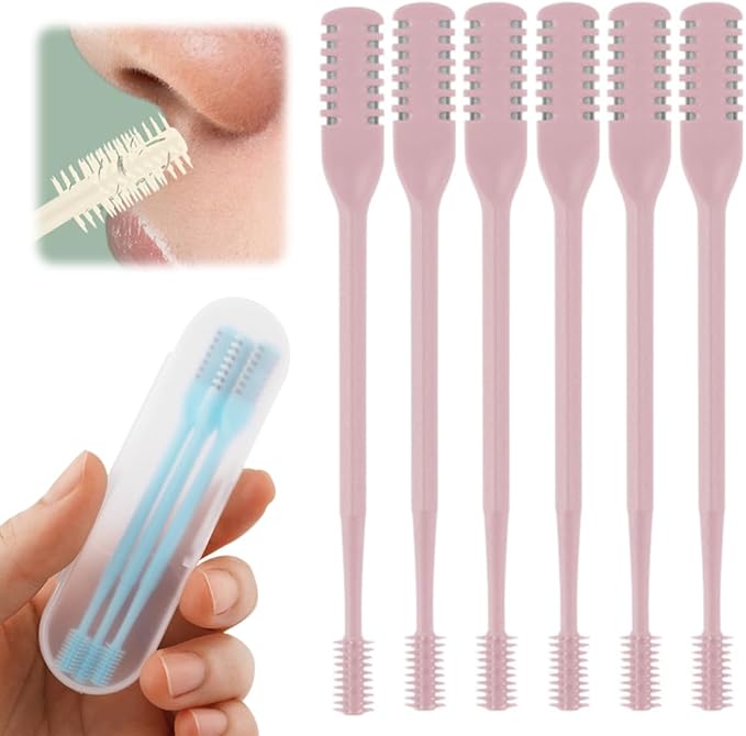 2-in-1 Nasal Hair Cutter, 2025 Upgrade 360° Rotating Nose Hair Trimmer with Double-Sided Blade & Ear Pick, Manual Nostril Hair Removal Tool for Men and Women, Soft Cleaning Brush (Pink, 6PCS)