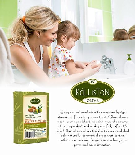 Kalliston, Olive Oil Soap bar with Bitter Almond extract, Includes Pumice stone, all natural soap bar, Product of Greece, Pack of 4