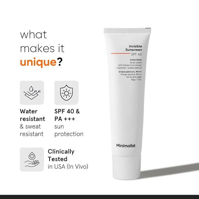 Minimalist SPF 40 Water Resistant Invisible Sunscreen Gel | Ultra Light Gel | No White Cast | Sweat Resistant | PA+++ | With Tomato Extract, Squalane and Jojoba Seed Oil | For Women & Men | 50 gm