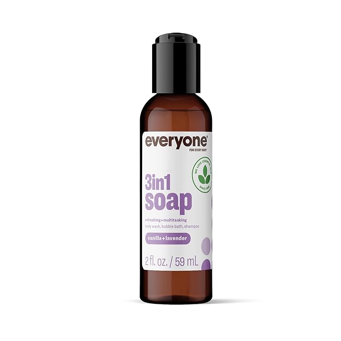 Everyone 3-in-1 Soap Body Wash, Bubble Bath, Shampoo, Travel Size, 2 Ounce (Pack of 12), Vanilla and Lavender, made with Essential Oils for Men and Women