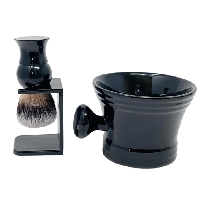 G.B.S GENTS Men’s Wet Shaving Kit - Complete 4-Piece Set with Heavy Duty Ceramic Bowl, Synthetic Shave Brush, Stand & Natural Shea Butter Lather Soap (Black)