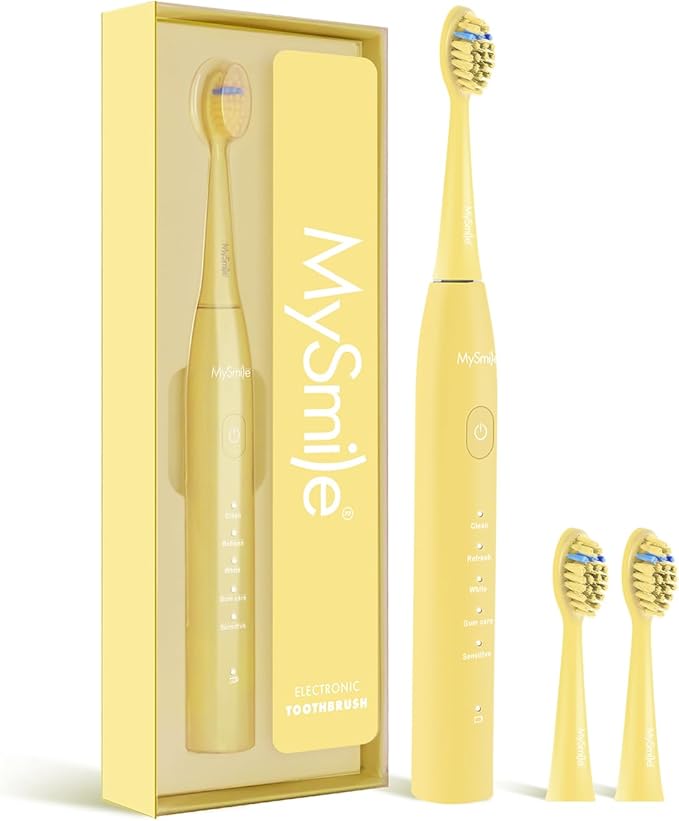 MySmile DY156 Electric Toothbrush for Adults, Rechargeable Sonic Battery Toothbrush Portable with 3 Brush Heads, 2 Mins 5 Modes Smart Timer, 45000VPM, One Charge for 60 Days - Yellow
