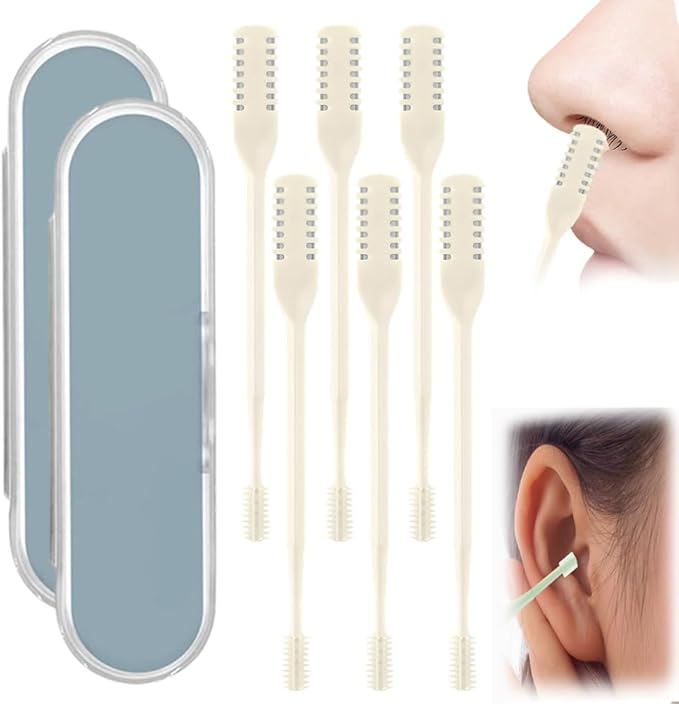 2-in-1 Nasal Hair Cutter, Nose Hair Trimmer for Men Women, 360° Rotating Portable Manual Nose Hair Remover Tool with Ear Picker, Double Sided Noses Hairs Knife Travel Essentials (Beige, 6PC)