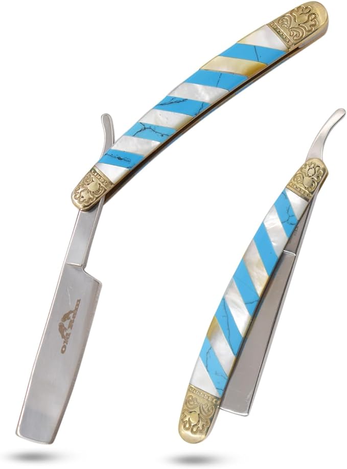 6.75" Straight Edge Razor – Stainless Steel Manual Folding Blade with Mother of Pearl Style Mosaic Handle and Engraved Brass Bolsters