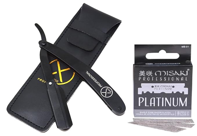 PRO 001 Professional Black German Made Steel Straight Edge Razor With 100 Packs Misaki Platinum Blade