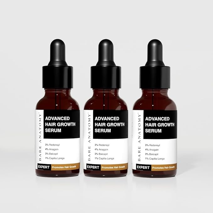Bare Anatomy Advanced Hair Growth Serum| 3% Redensyl - 2x Better Results than Minoxidil | +4% Anagain + 3% Baicapil | Rosemary, Biotin | Hair growth & Hair fall control serum for Women Men | Pack of 3