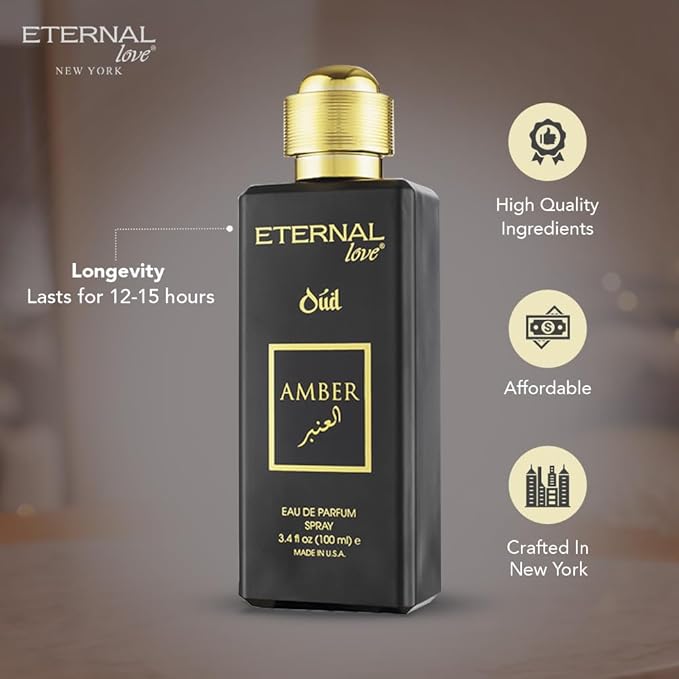Eternal Love Amber Oud - Long Lasting Unisex Eau de Parfum - Warm Woody Oriental Fragrance with Oud & Amber - Dubai Inspired Arabic Scent - 3.4oz