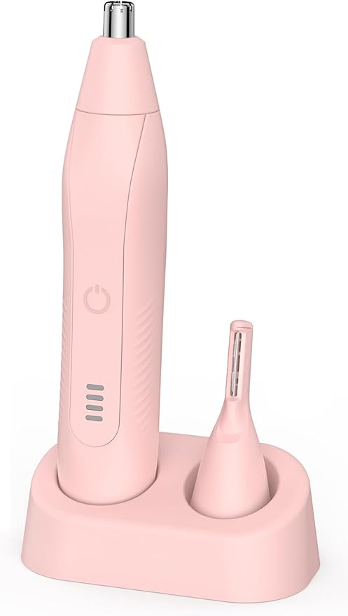 Ear and Nose Hair Trimmer for Men Women, Eyebrow and Facial Hair Trimmer with Powerful Motor and Dual-Edge Blades Rechargeable Painless 2 in 1 Metal Trimming Tool (Light Pink)
