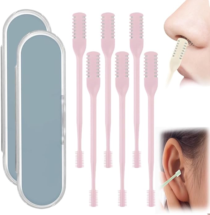 2-in-1 Nasal Hair Cutter, Nose Hair Trimmer for Men Women, 360° Rotating Portable Manual Nose Hair Remover Tool with Ear Picker, Double Sided Noses Hairs Knife Travel Essentials (Pink, 6PC)