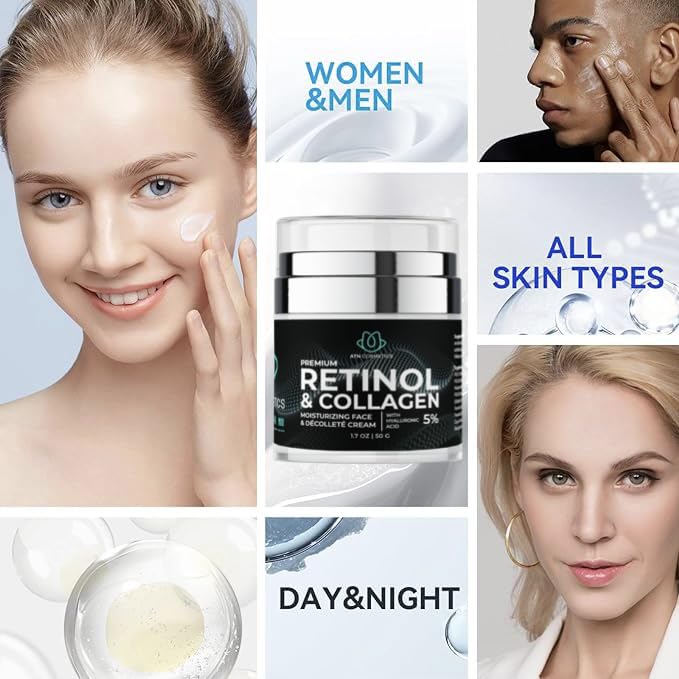 Retinol Cream for Face & Neck, Collagen Moisturizer, Day & Night Cream for Women & Men, Anti Aging, Wrinkle Cream with Hyaluronic Acid, Made in USA