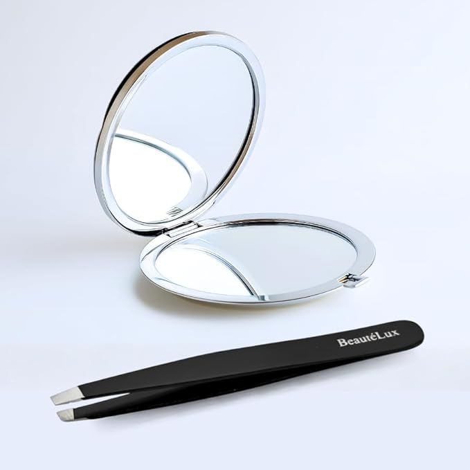 Premium Slant Tip Eyebrow Tweezer (Black), Stainless Steel Precision Tweezers for Men & Women, Facial Hair Removal with Leather Case