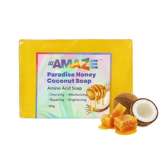 Paradise Amino Acid Organic Soap Bar, Moisturizing, Residue-Free Refreshing Cleanser, Cooling & Invigorating Bath Natural Soap for Women, Men & Kids with Plant-Based Oils, 100g Honey Coconut