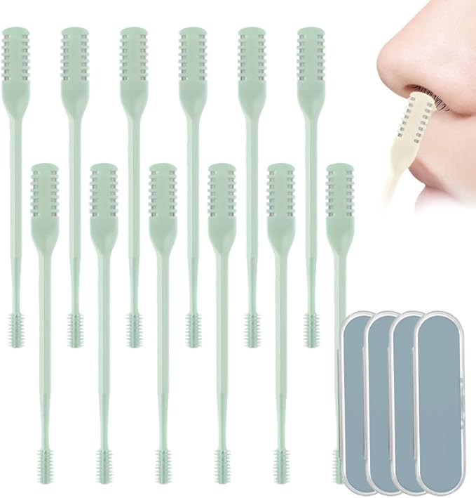 2-in-1 Manual Nose Hair Trimmer & Ear Picker, 360° Rotating Nasal Hair Cutter for Men Women, Stainless Steel Nose Hair Shaver, Portable Manual Tool, Travel Essentials (Green, 12 pcs)