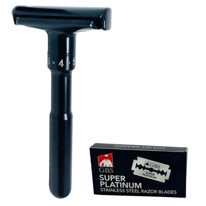 G.B.S Black Adjustable Men's Double Edge Safety Razor and 10 G.B.S Platinum Blade Refills