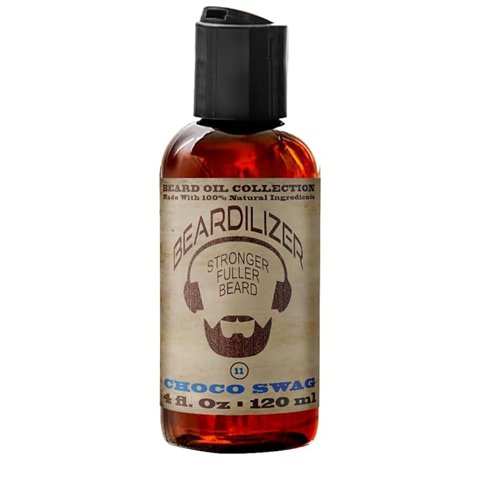 Beardilizer Choco Swag Beard Oil for Men - 100% Natural Growth Oil & Conditioner with Argan, Jojoba & Vitamin E – Softening, Moisturizing for Soft, Healthy Beard – 4 Oz