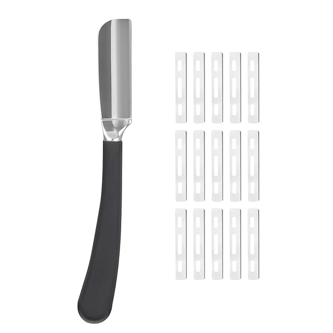 Straight Edge Shaving Razor for Men, Professional Silicone Handle Stainless Steel Barber Razor - Salon Cut Throat Shavette with 15 Guarded Blades (Silver)