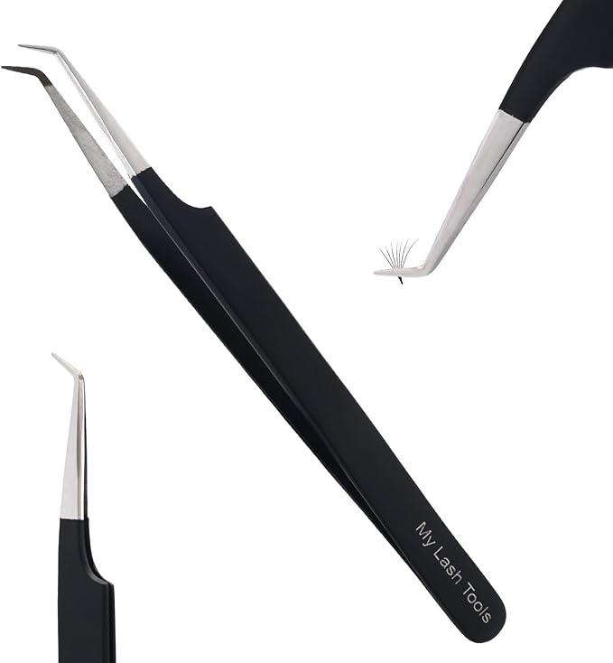My Lash Tools Fiber Tip Lash Tweezers for Eyelash Extension Curved 45 Degree Angled Tweezer Best for Volume, Individual Isolation & Classic Lashes Stainless Steel Lash Supplies (Matte Black)