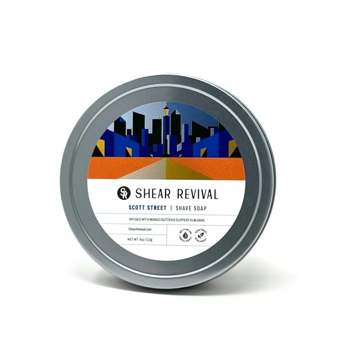 Shear Revival Scott Street Shave Soap for Men and Women - Smooth Shave, Moisturizes + Protects, Rich Lather, Reduces Redness, 4oz (Bay + Lime)