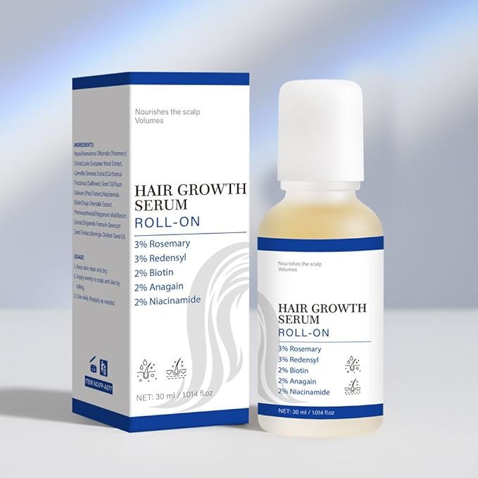 Hair Growth Serum Roll On with Rosemary, Redensyl, Biotin, AnaGain & Niacinamide,No-Rinse & Non-Greasy For All Hair Types (1.01 fl.oz 1Pack, 3% Rosemary)
