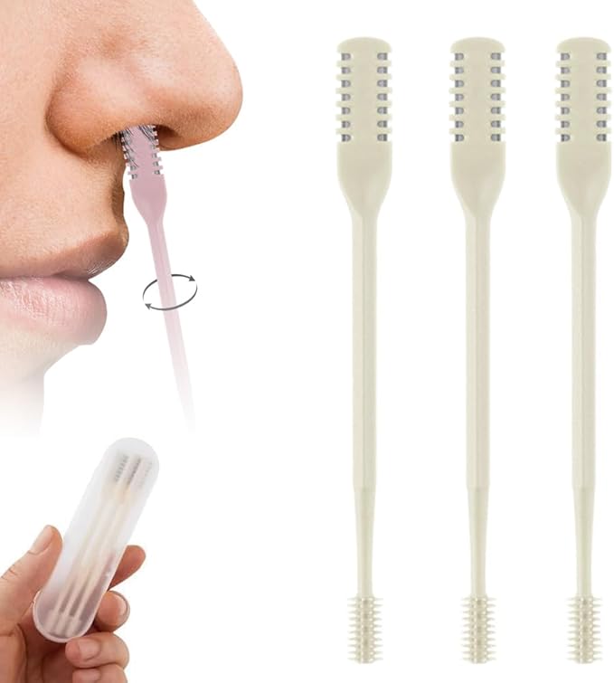 2-in-1 Nasal Hair Cutter, 2025 Professional Nose Hair Trimmer with 360° Rotation & Ear Picker, Dual-Blade Manual Nasal Grooming Tool with Soft Cleaning Brush for Men and Women (Beige, 3 PCS)